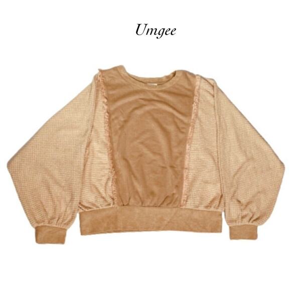 Umgee Tan Beige Fringe Waffle Knit Dolman Sleeve Sweater Size S - Picture 1 of 9